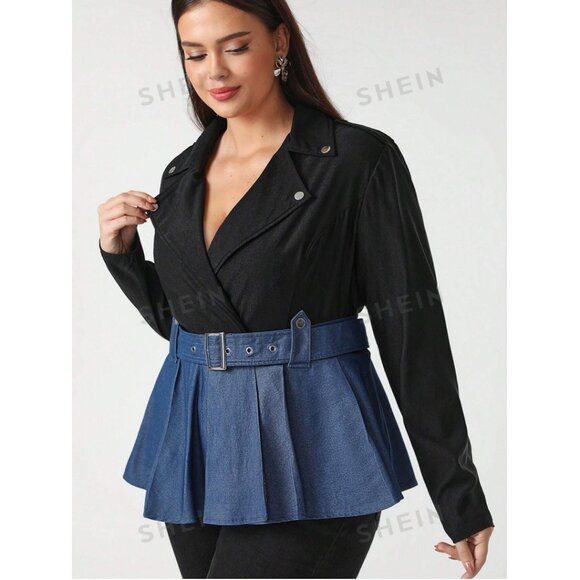 Shein Sylvia Mollie Plus Faux Denim Black Peplum Colorblock Blazer Jacket 12, 0X - Picture 4 of 11